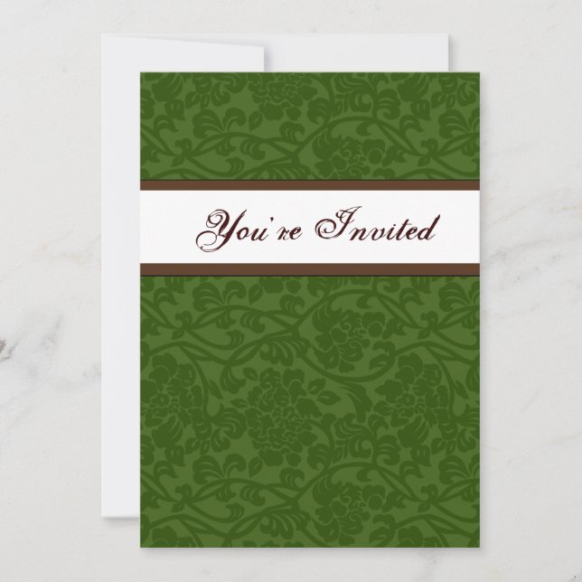 Green and Brown Damask Housewarming Invitation (Front)