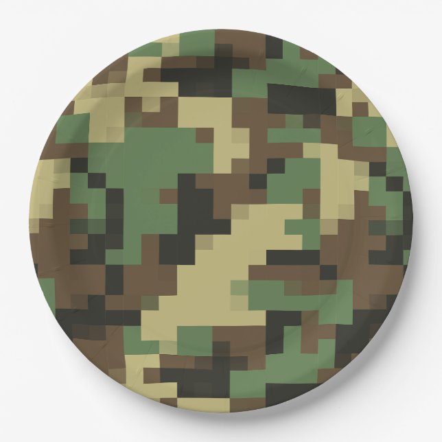 Green and Brown Digital Camouflage Paper Plates (Front)