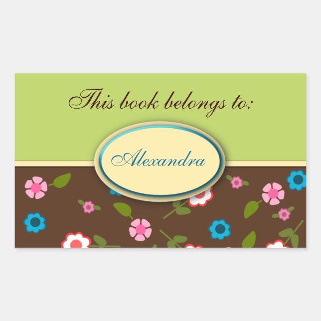 Green and Brown Floral Daisy Book Plate Name Label (Front)