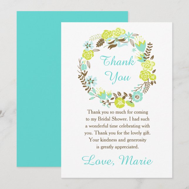 Green and Brown Floral Wreath Bridal Shower Thank You Card (Front/Back)