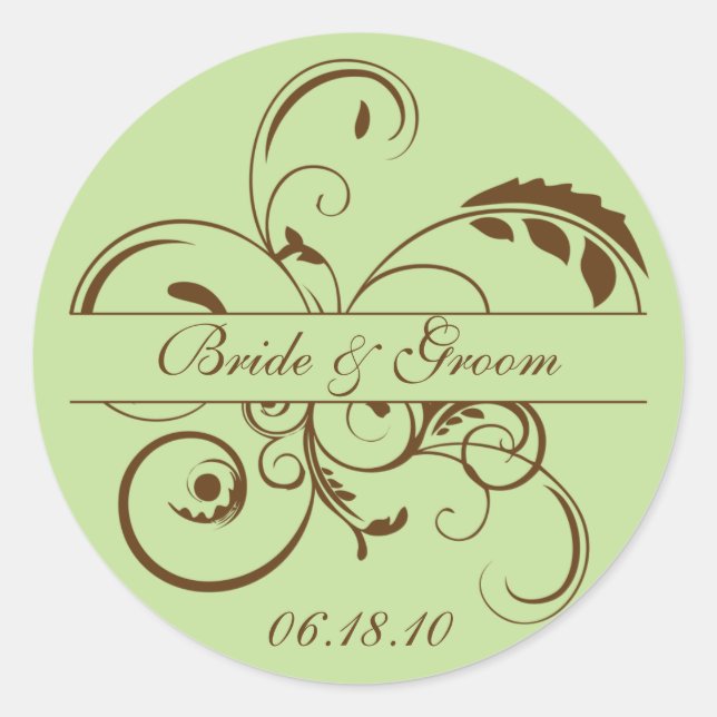 Green and Brown Flourish Monogram Sticker Label (Front)