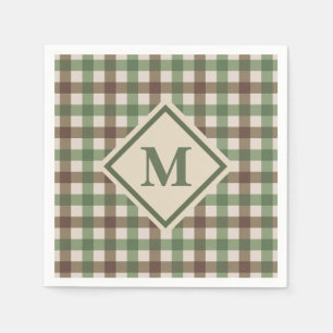 Green and Brown Gingham Plaid with Monogram Picnic Napkin