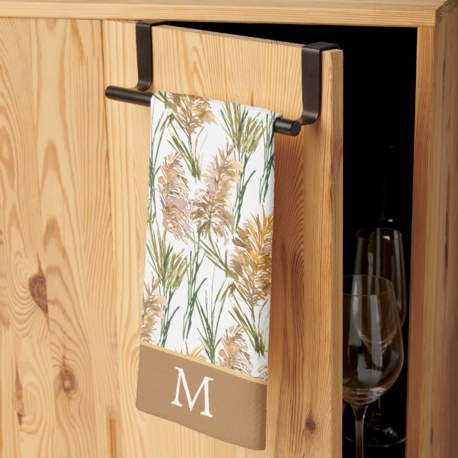 Green and Brown Pampas Grass Monogram Tea Towel (Thirds Fold)