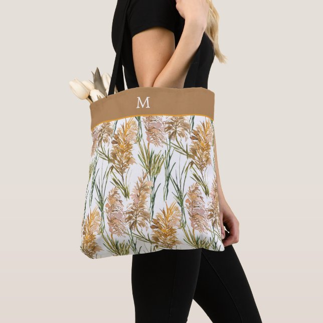 Green and Brown Pampas Grass Pattern Monogram Tote Bag (Close Up)