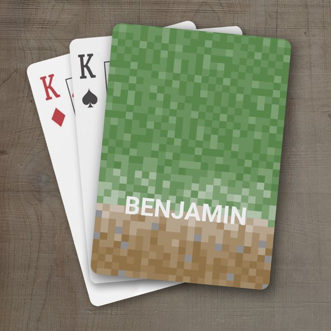 Green and Brown Pixel Design with Custom Name Playing Cards (Personalized Playing Cards - Pixel Miner)