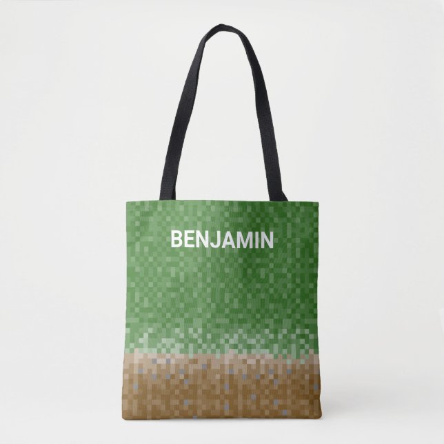 Green and Brown Pixel Design with Mining Name Tote Bag (Front)
