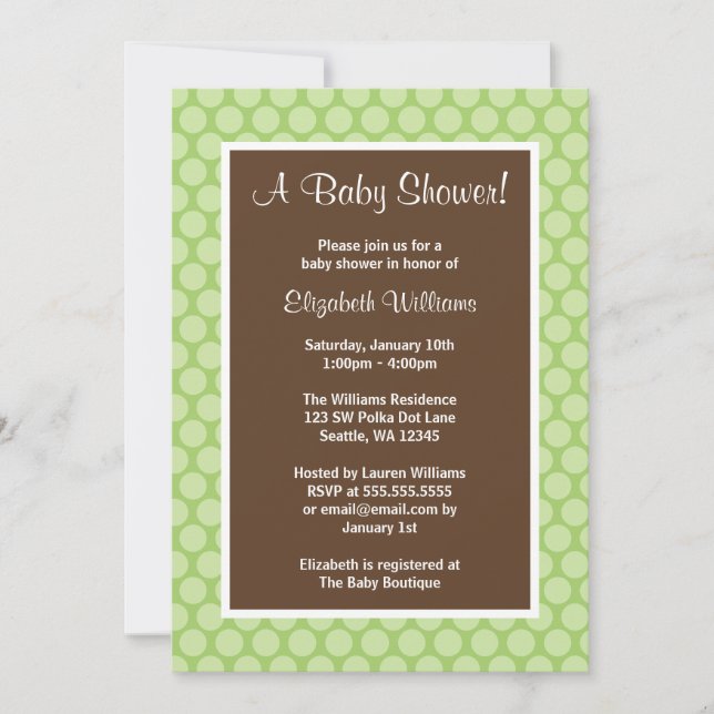 Green and Brown Polka Dots Baby Shower Invitations (Front)
