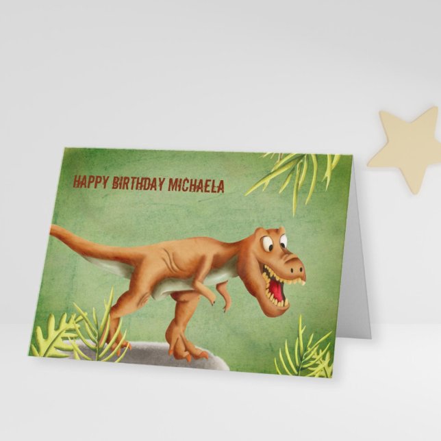 Green and Brown T-Rex Roaring Happy Birthday Card (Creator Uploaded)