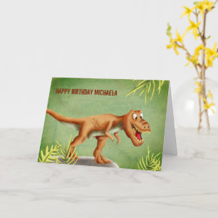 Green and Brown T-Rex Roaring Happy Birthday Card