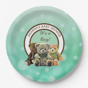 Green and Brown Teddy Bear Boy's Baby Shower Paper Plate