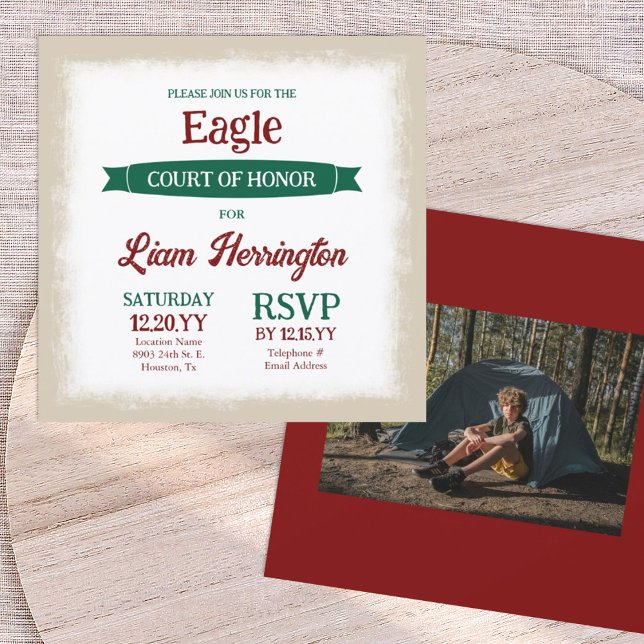 Green and Burgundy Eagle Scout Court of Honor Invitation (green and burgundy red eagle scout court of honor invitation with photo and banner ribbon)