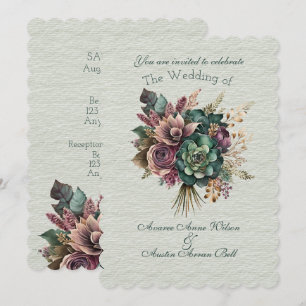 Green and Burgundy Floral Wedding Bouquet Invitation