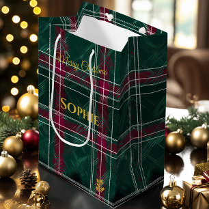 Green and Burgundy Hand-Drawn Plaid Christmas Medium Gift Bag