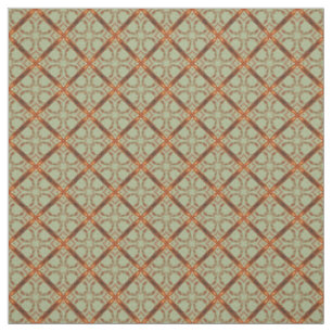 Green and Coper Orange Scroll Grid Pattern Fabric