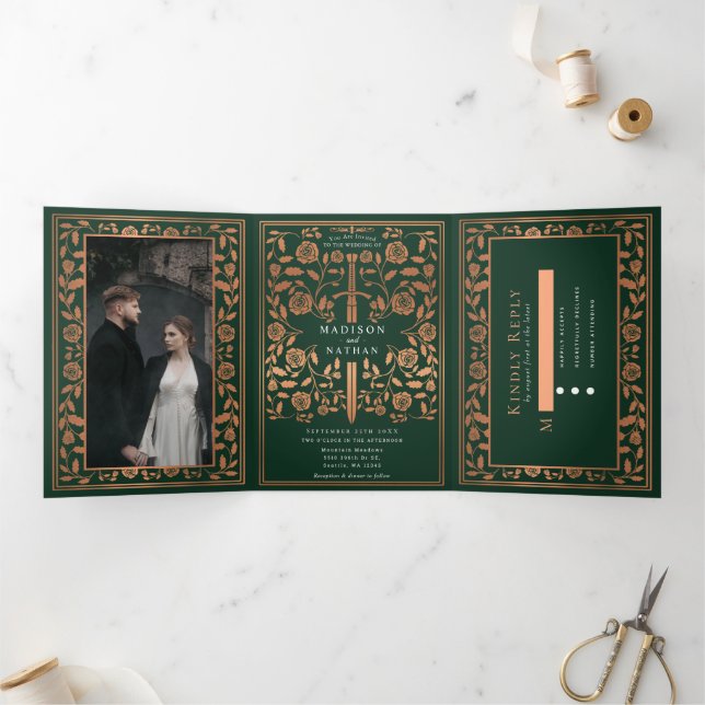 Green and Copper Royal Mediaeval Sword Wedding Tri-Fold Invitation (Inside)