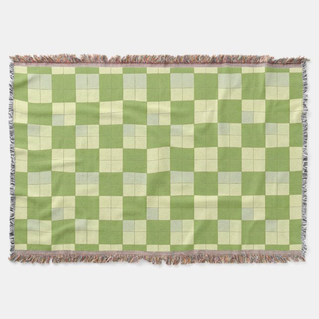 Green and Cream Chequered Tile Pattern Throw Blanket (Front)