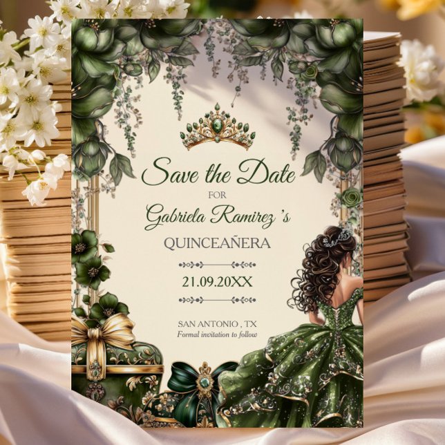 Green and Cream Golden Tiara Floral Quinceañera Save The Date (Creator Uploaded)
