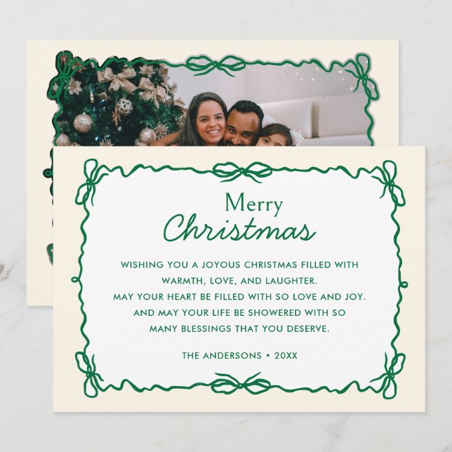 Green and Cream Hand Drawn Doodle Christmas Photo Holiday Card (Front/Back)