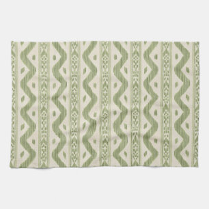 Green and Cream Ikat Kitchen Towel, Woven Stripe Tea Towel
