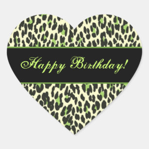 Green and Cream Leopard Happy Birthday Heart Sticker