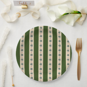 Green And Cream Stripes And Flowers Paper Plate