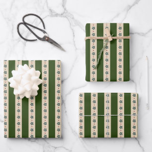 Green And Cream Stripes And Flowers Wrapping Paper Sheet