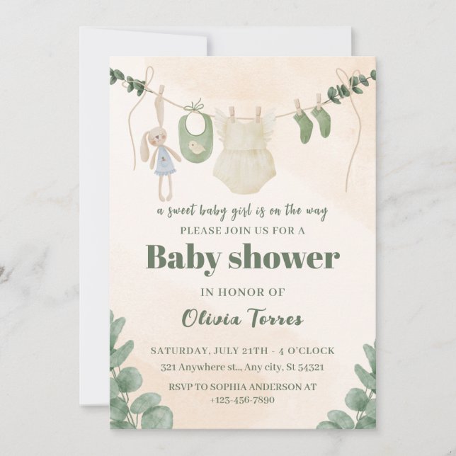 Green and Cream Watercolor Baby Shower Invitation (Front)