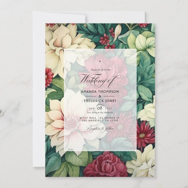 Green and Crimson with Cream Floral Spring Wedding Invitation (Front)