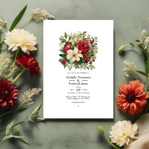 Green and Crimson with Cream Floral Spring Wedding Invitation