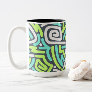 Green and Cyan Neon Squiggle Maze Pattern Two-Tone Coffee Mug