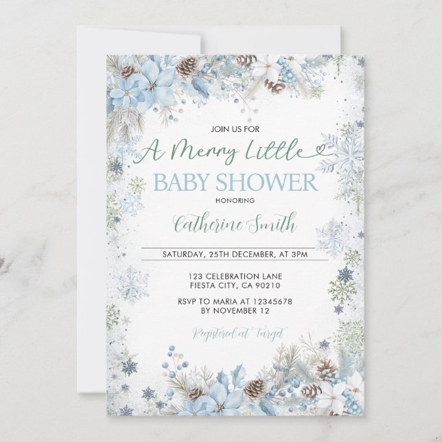 Green and Dusty Blue A Merry Little Baby Shower  Invitation (Front)