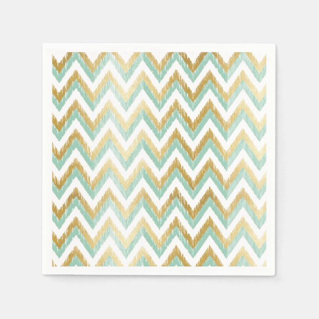 Green and Faux Gold Foil Chevron Ikat Pattern Napkin (Front)