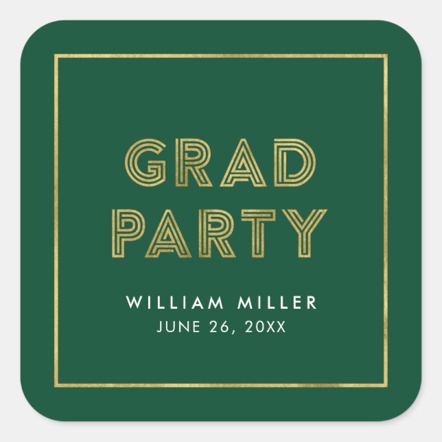 Green and Faux Gold Geometric Grad Party Square Sticker (Front)