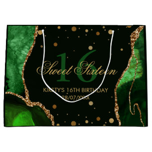 Green and Faux Gold Glitter Agate Sweet 16 Large Gift Bag