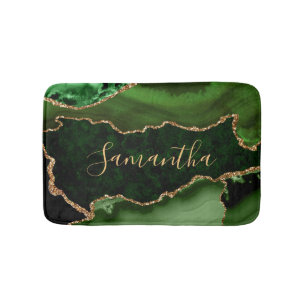 Green and Faux Gold Glitter Marble Agate Bath Mat