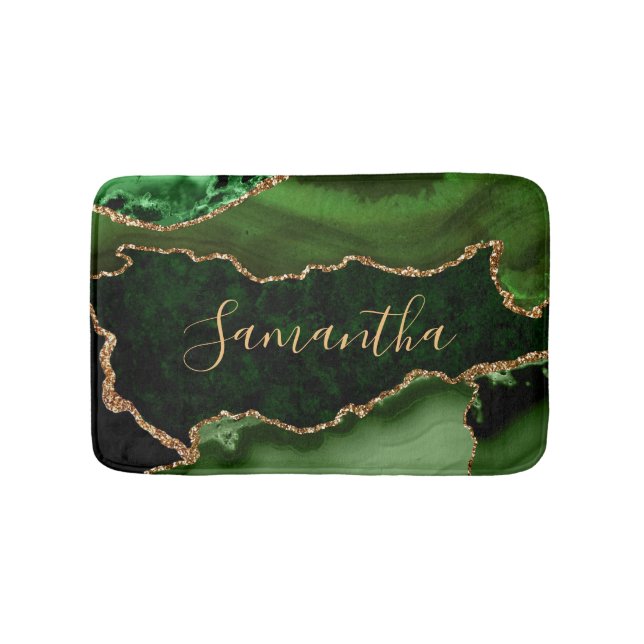 Green and Faux Gold Glitter Marble Agate Bath Mat (Front)