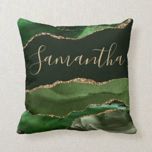 Green and Faux Gold Glitter Marble Agate Cushion