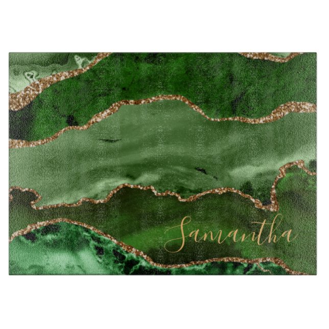 Green and Faux Gold Glitter Marble Agate Cutting Board (Front)