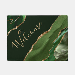 Green and Faux Gold Glitter Marble Agate Doormat