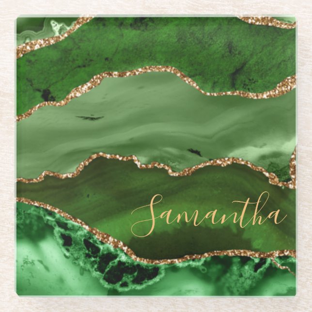 Green and Faux Gold Glitter Marble Agate Glass Coaster (Front)
