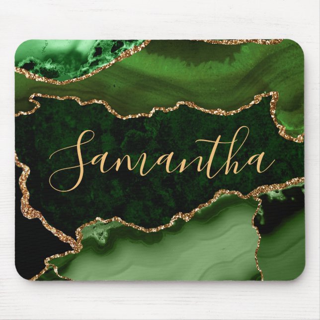 Green and Faux Gold Glitter Marble Agate Mouse Mat (Front)