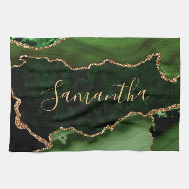 Green and Faux Gold Glitter Marble Agate Tea Towel (Horizontal)