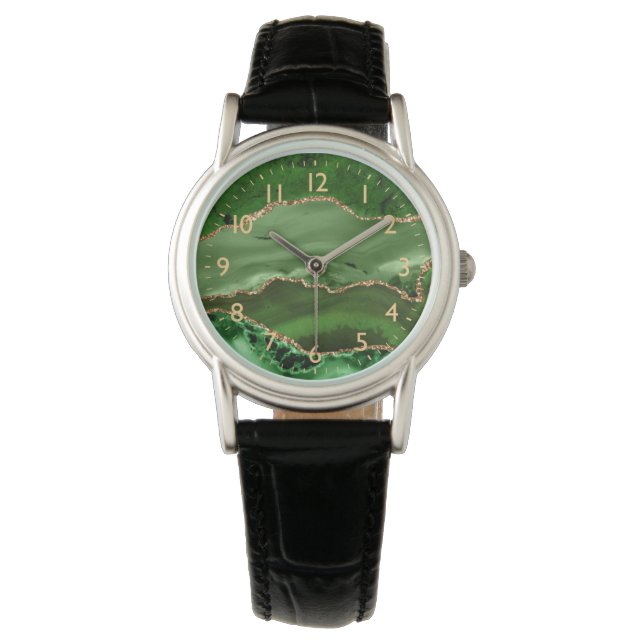 Green and Faux Gold Glitter Marble Agate Watch (Front)