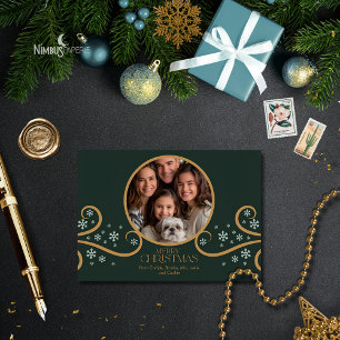 Green and Faux Gold Snowflake Holiday Photo Card