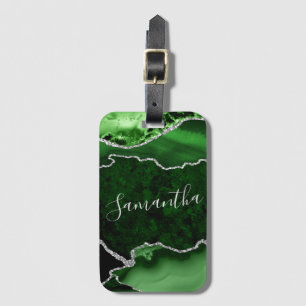 Green and Faux Silver Glitter Marble Agate Luggage Tag