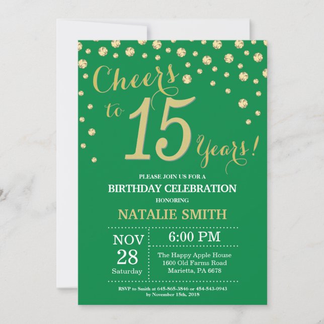Green and Gold 15th Birthday Diamond Invitation (Front)