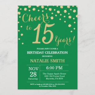 Green and Gold 15th Birthday Diamond Invitation