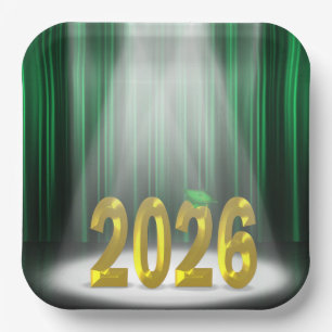 Green and Gold 2026 Graduation in Spotlight Paper Plate