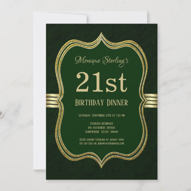 Green and Gold 21st Birthday Dinner Party Invitation (Front)