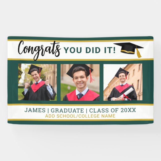 Green  And Gold 3 Photo Collage Congrats Grad 2025 Banner (Horizontal)